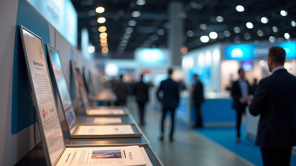 Eye-level view of a conference booth showcasing various promotional materials