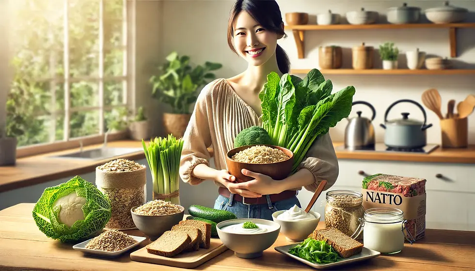 笑顔の日本人女性が、オートミールやヨーグルト、納豆、味噌汁など腸に良い発酵食品や食物繊維を含む食品を手に取っているシーン。キッチンの木製カウンターに食材が整然と並べられています。