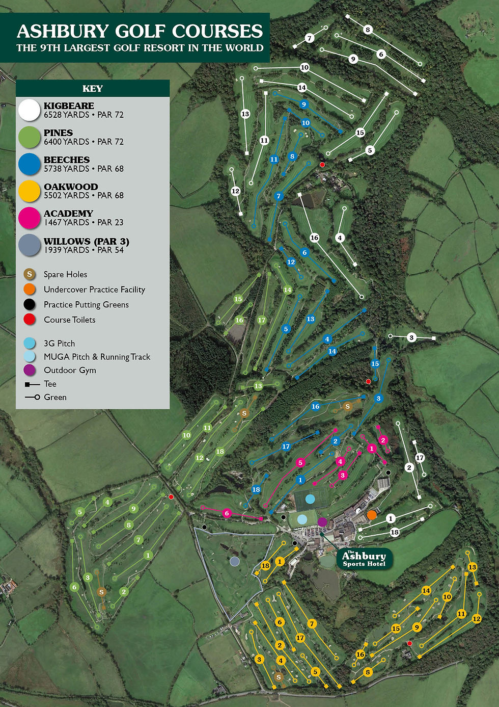 A detailed layout map of all the golf courses and holes at Ashbury Resort, showcasing the different courses, key facilities, and course features across the expansive golf resort