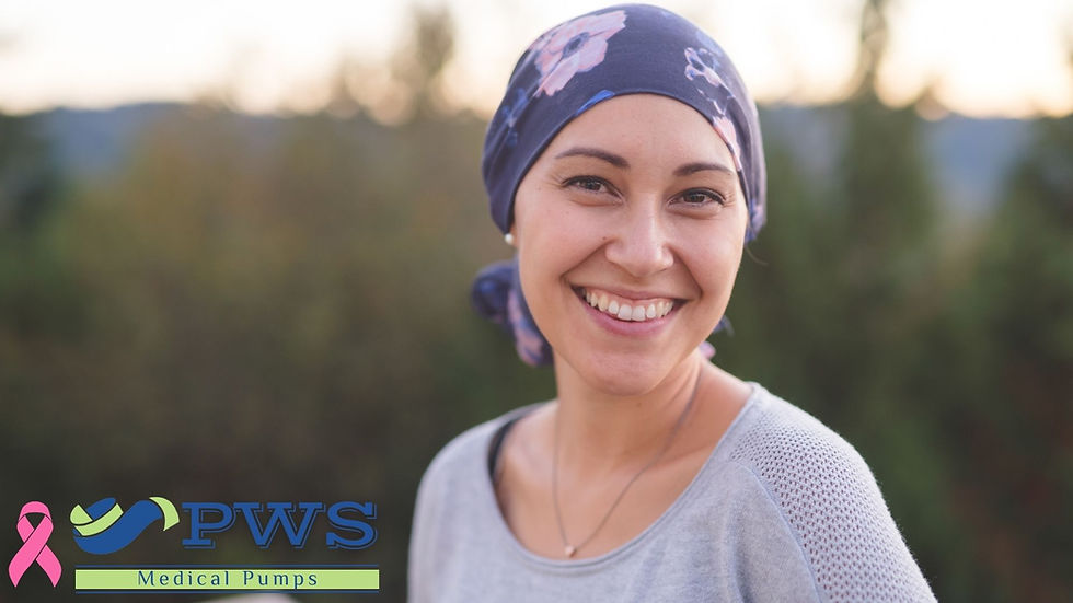 Smiling breast cancer survivor wearing a headscarf outdoors, representing life after treatment and ongoing management of breast cancer-related lymphedema.