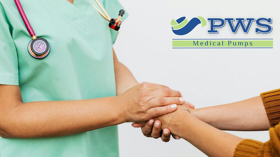 Healthcare professional holding a patient's hand while discussing pneumatic compression therapy and end-of-year treatment planning for chronic swelling.