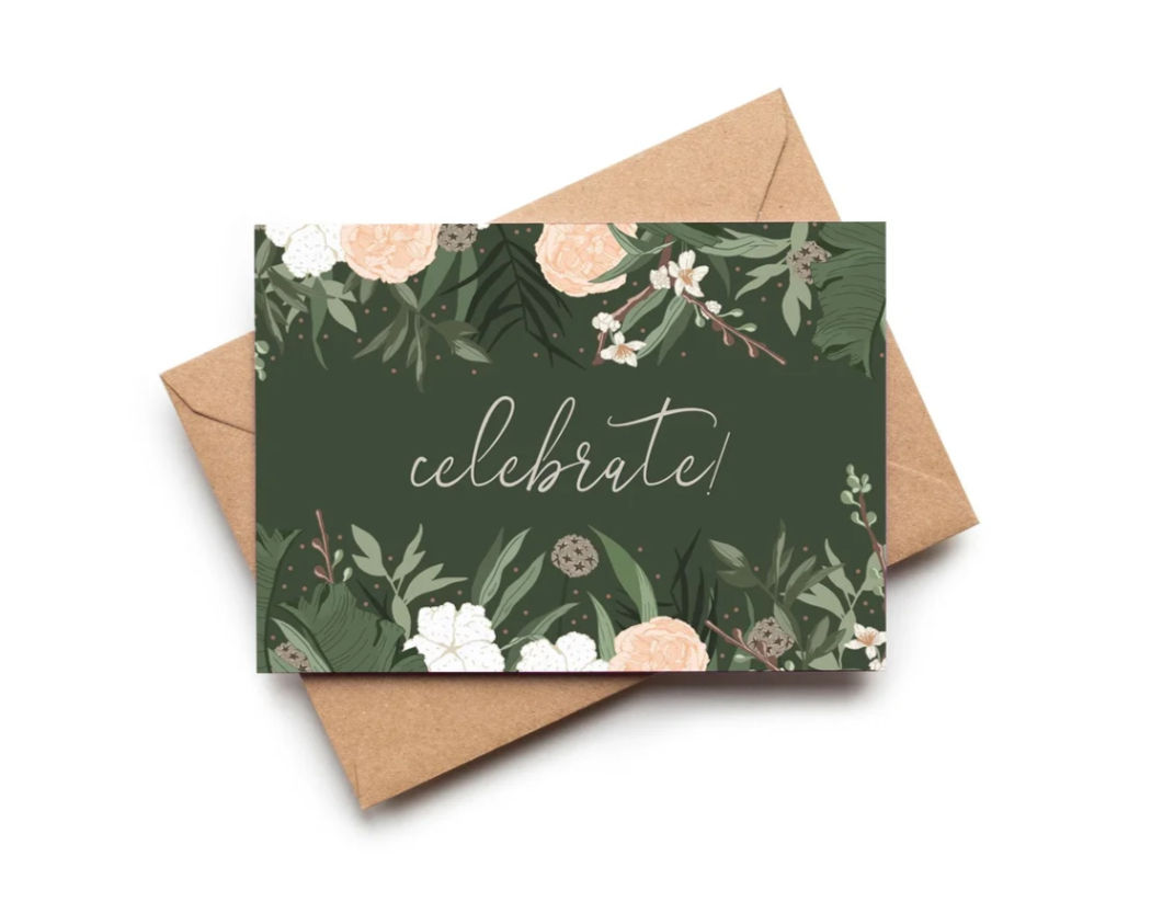 'Celebrate!' Botanical Dark Green Greeting Card