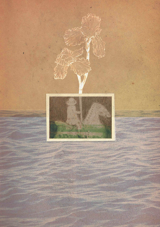 My soul remembers illustration. A photo of a little girl on a carousel with ocean and a flower on the background