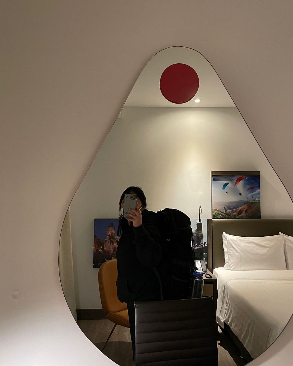 Person taking a mirror selfie in a modern hotel room, with a bed, chair, and colorful wall art visible behind them.