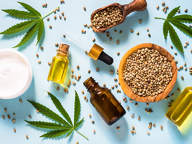 On a blue table, there are scattered seeds, a scooper filled with seeds, a wooden bowl, bottles of oil, a jar of white cream, and four cannabis leaves.