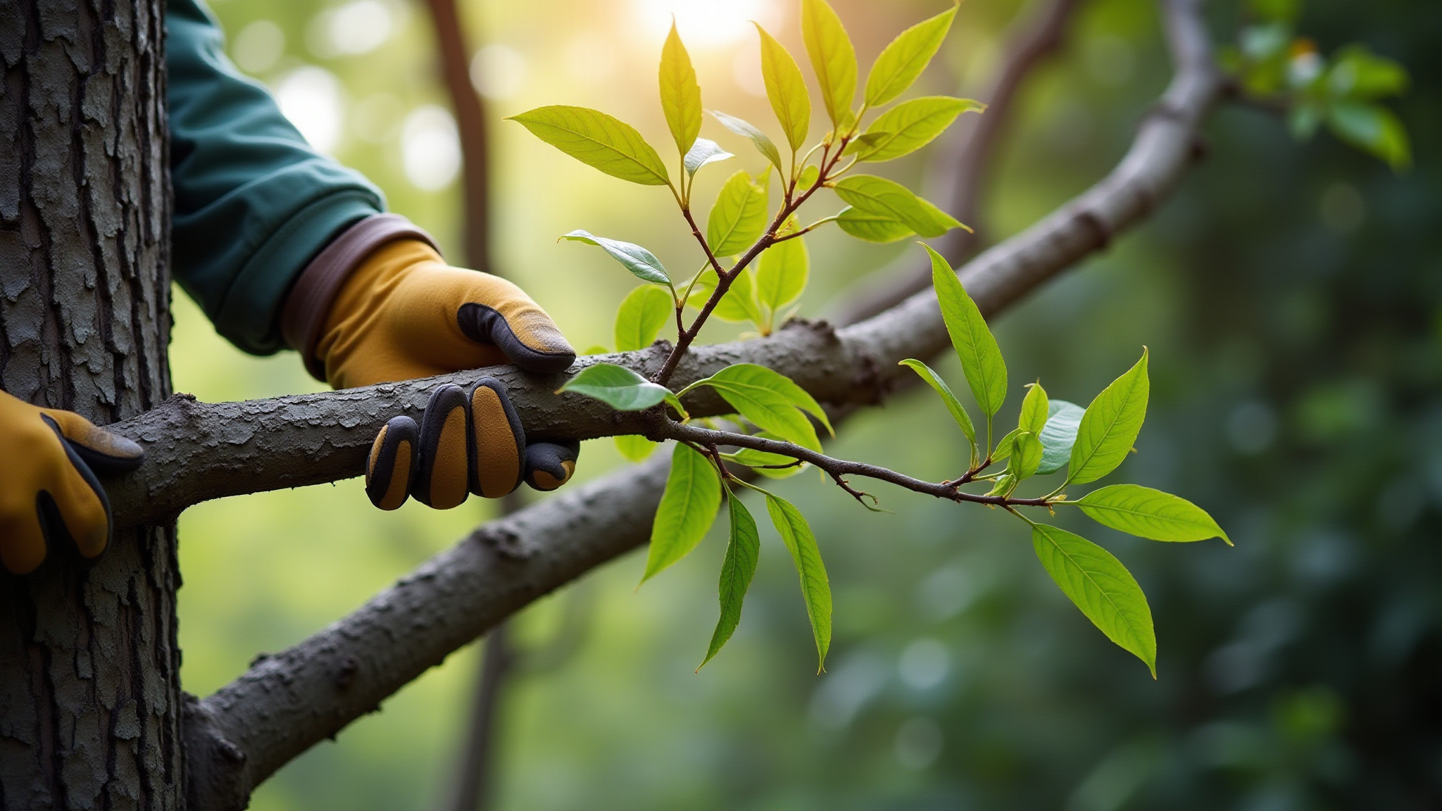 A person's gloved hands holding a tree branch with green leaves.