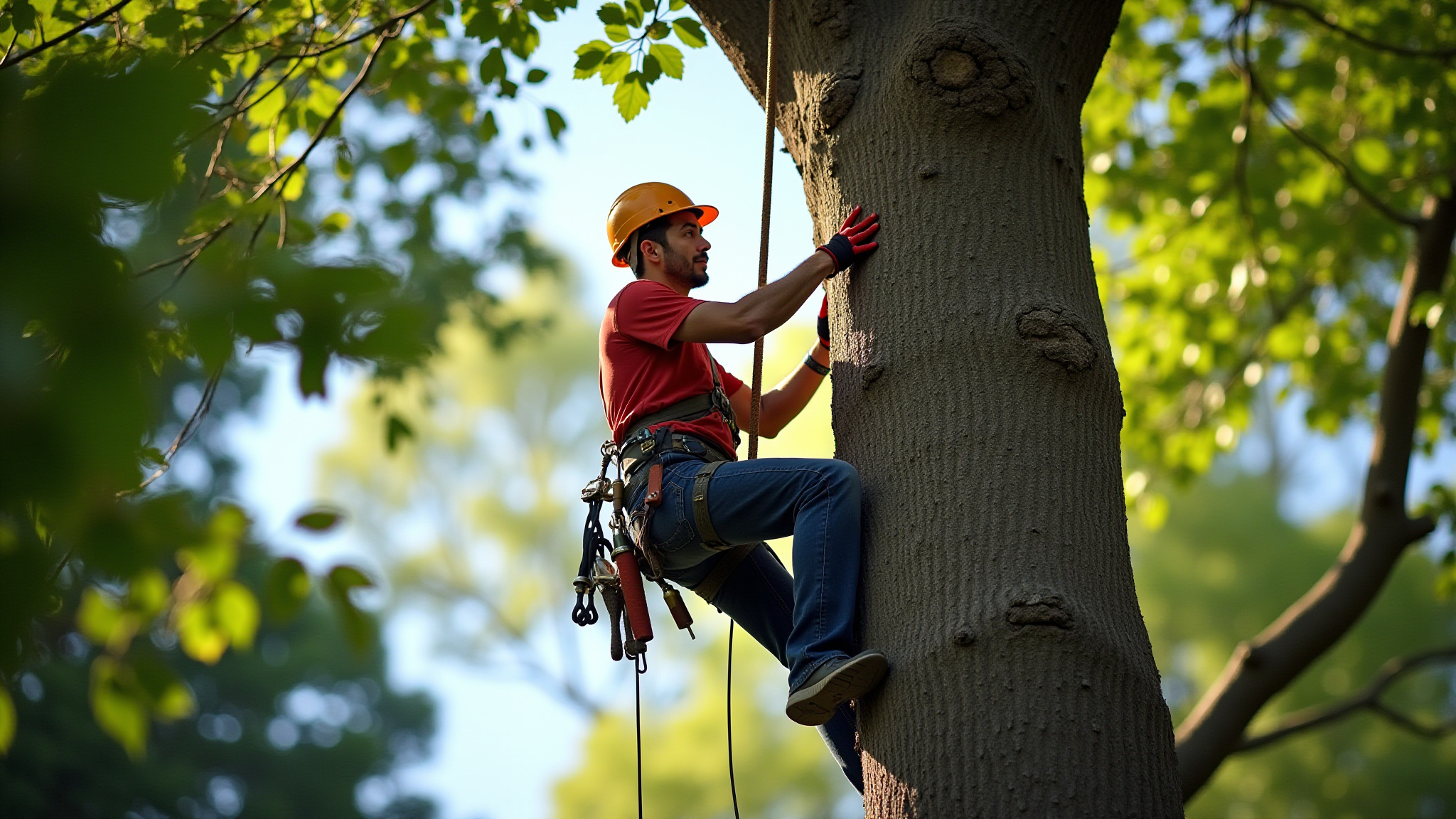 Arborist climbing a tree for maintenance, wearing safety gear and harness.