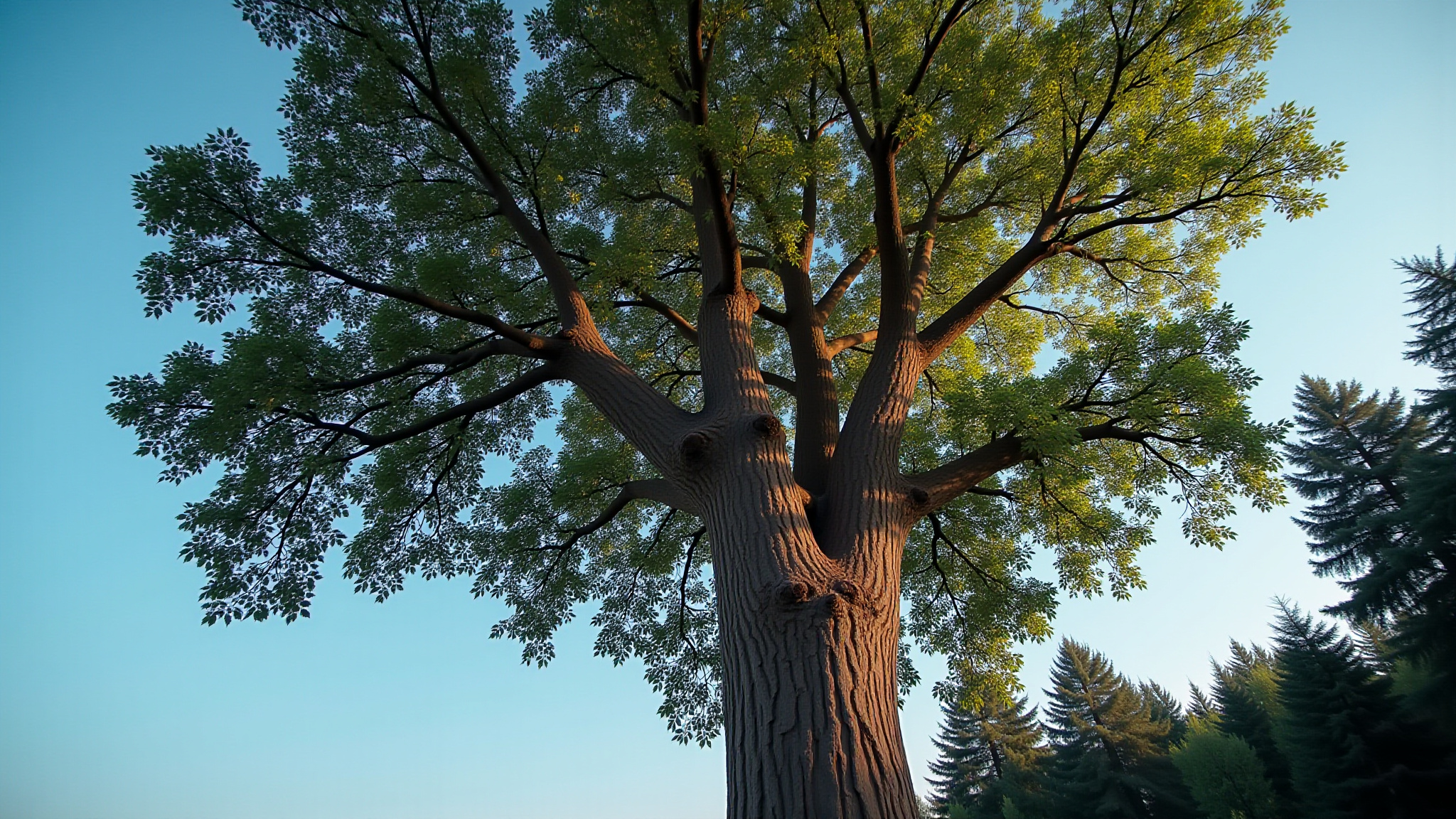Large, mature tree with green leaves and a clear blue sky background.