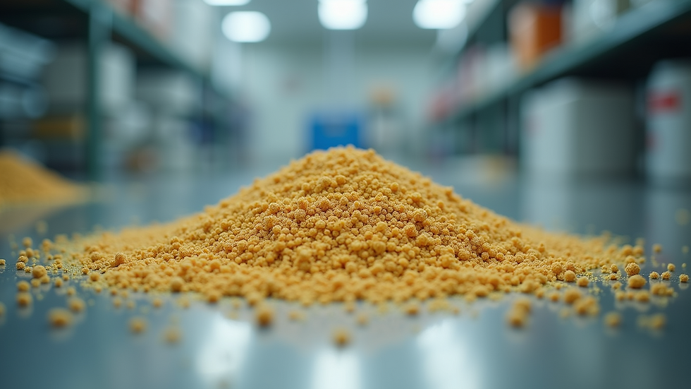 High angle view of hemp bioplastic pellets in a laboratory setting