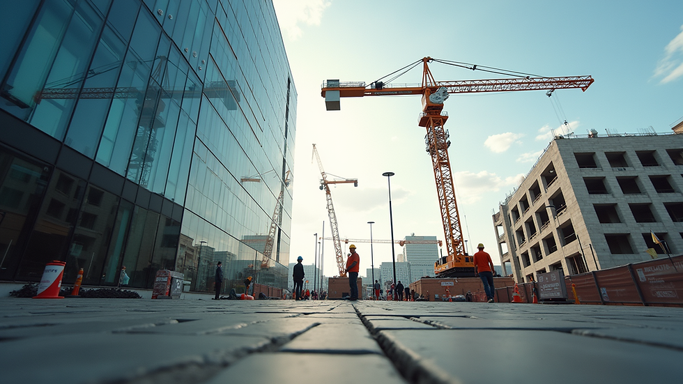 Eye-level view of a modern construction site with cranes and workers
