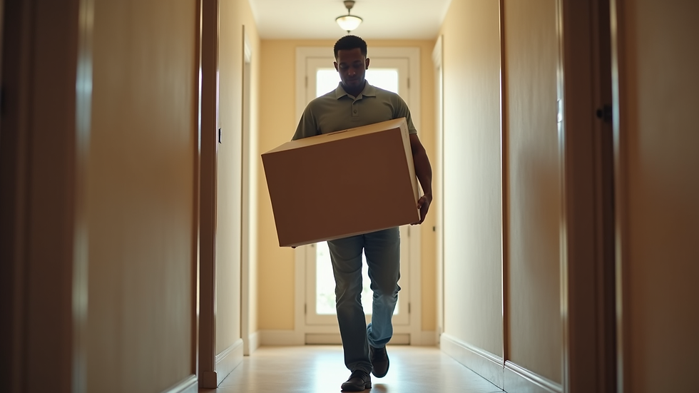 Close-up view of a mover carrying a large box down a hallway