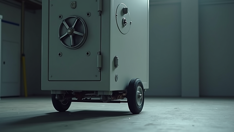 Close-up view of a heavy-duty dolly being used to move a large safe