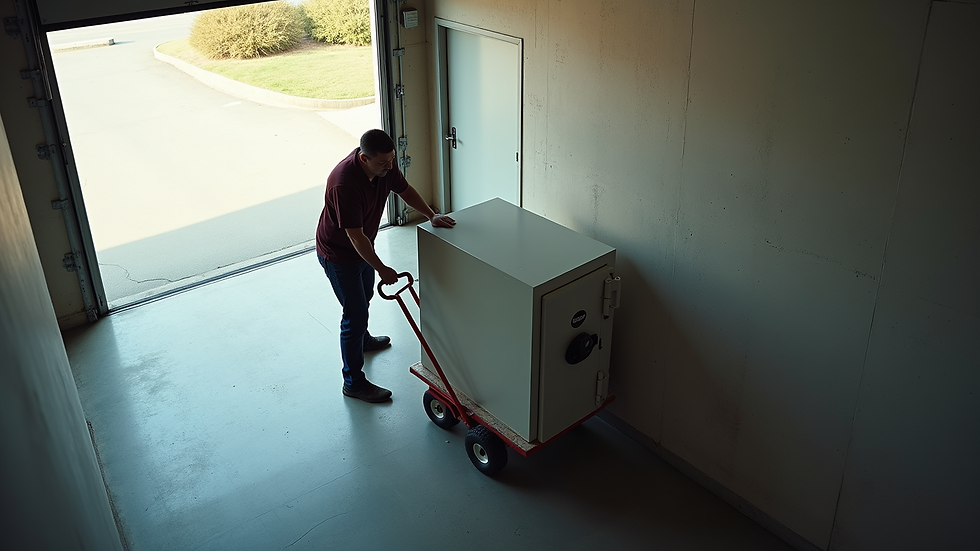 High angle view of movers using a dolly to transport a heavy safe