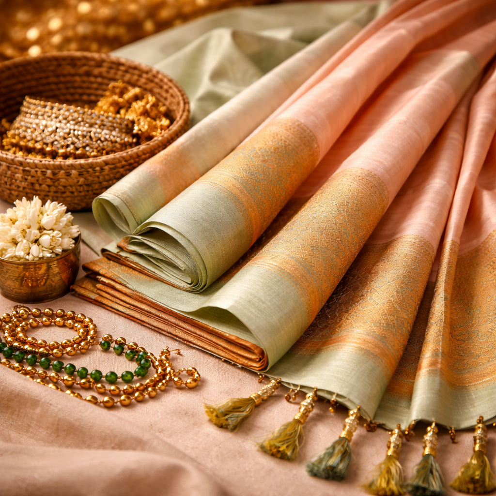 Elegant Pastel Handloom Silk Wedding Saree with Gold Zari Border