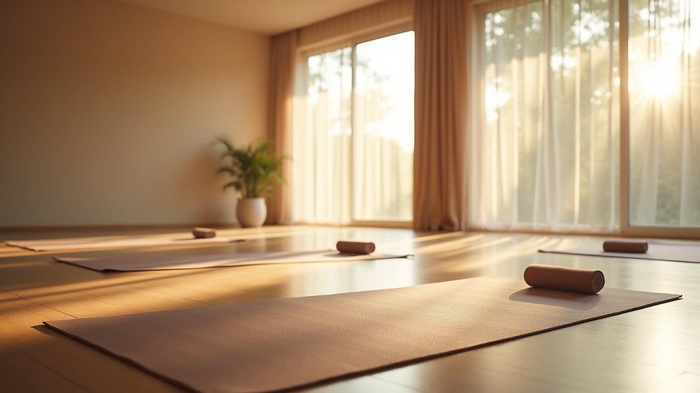 Eye-level view of a serene yoga studio with soft lighting and mats
