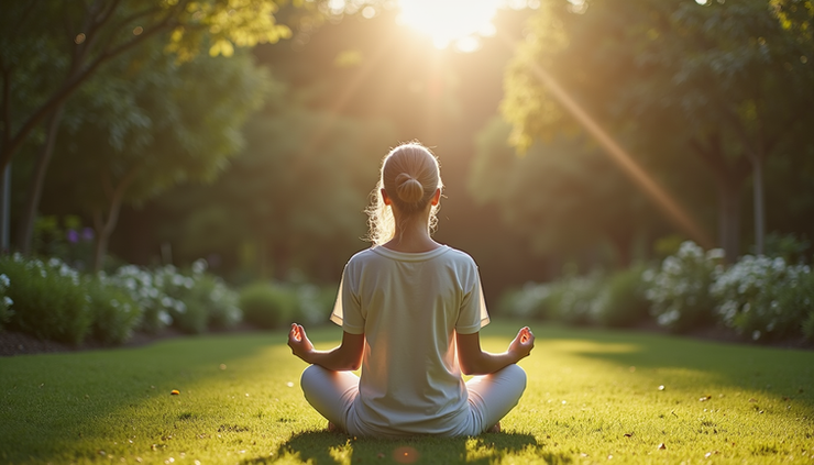 Vue en plongée d’une personne méditant dans un jardin paisible