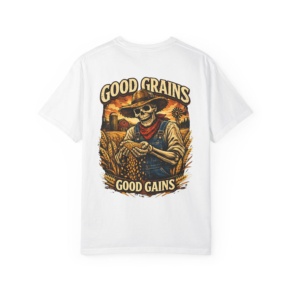 Thumbnail: Good Grains Good Gains T-Shirt — Vintage Farmer Skeleton Fitness Tee