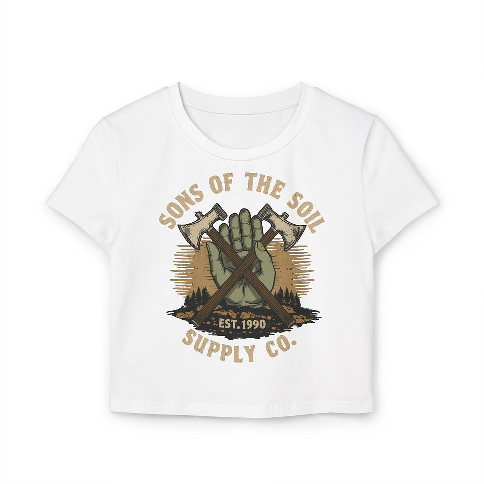 Thumbnail: Sons of the Soil Graphic Baby Tee – Rustic Camping Axe Emblem