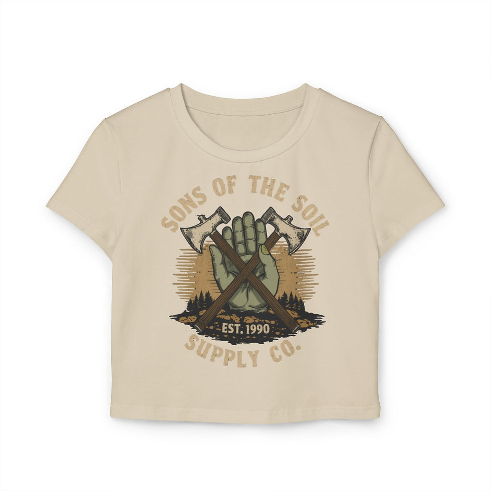 Thumbnail: Sons of the Soil Graphic Baby Tee – Rustic Camping Axe Emblem
