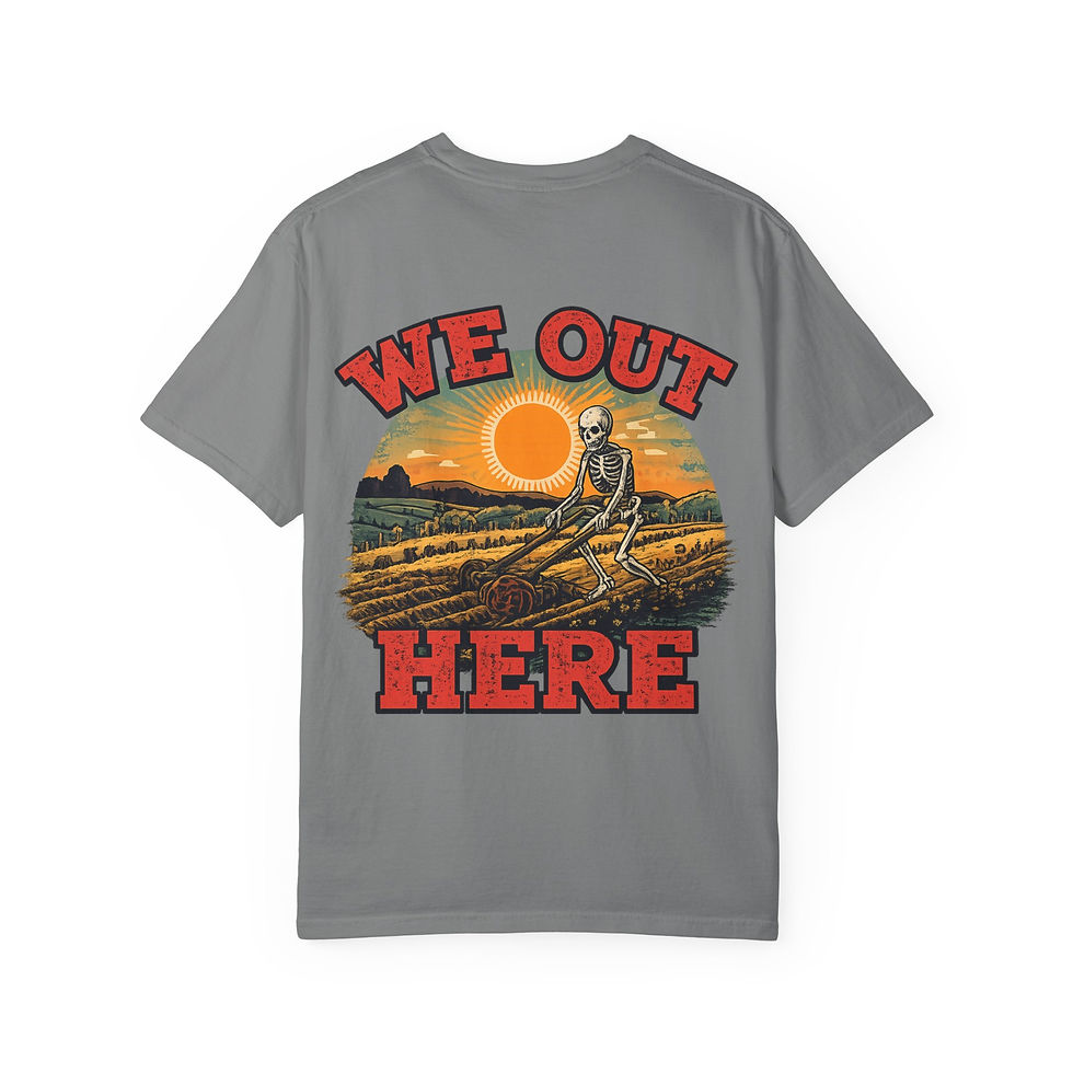 Thumbnail: We Out Here skeleton sunset T-Shirt | retro sunset skull farm design