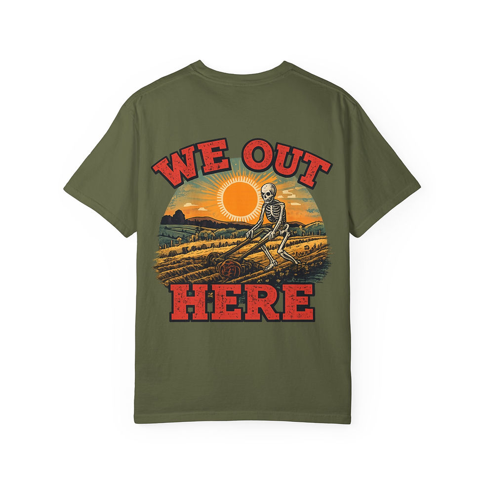 Thumbnail: We Out Here skeleton sunset T-Shirt | retro sunset skull farm design
