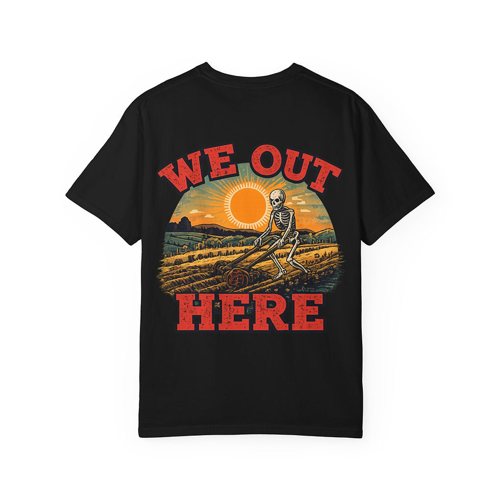 Thumbnail: We Out Here skeleton sunset T-Shirt | retro sunset skull farm design