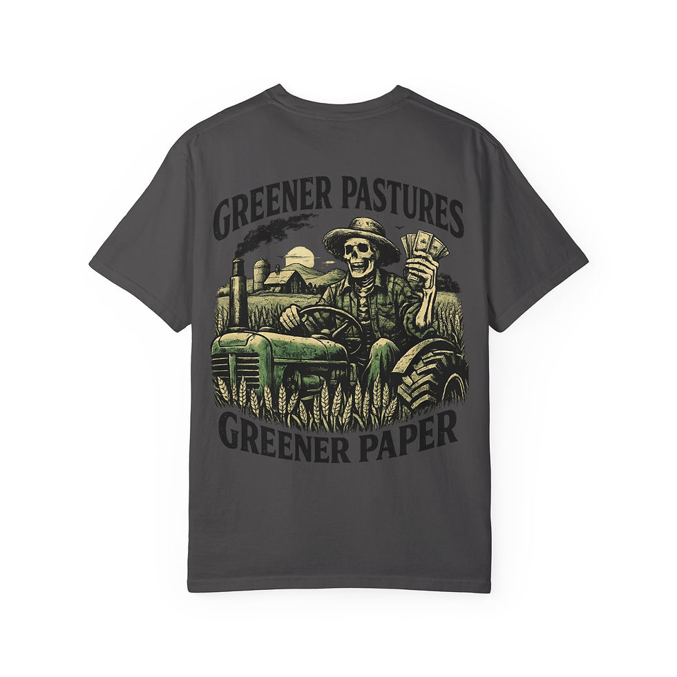 Thumbnail: Greener Pastures Greener Paper skull farmer T-shirt | farm tractor design