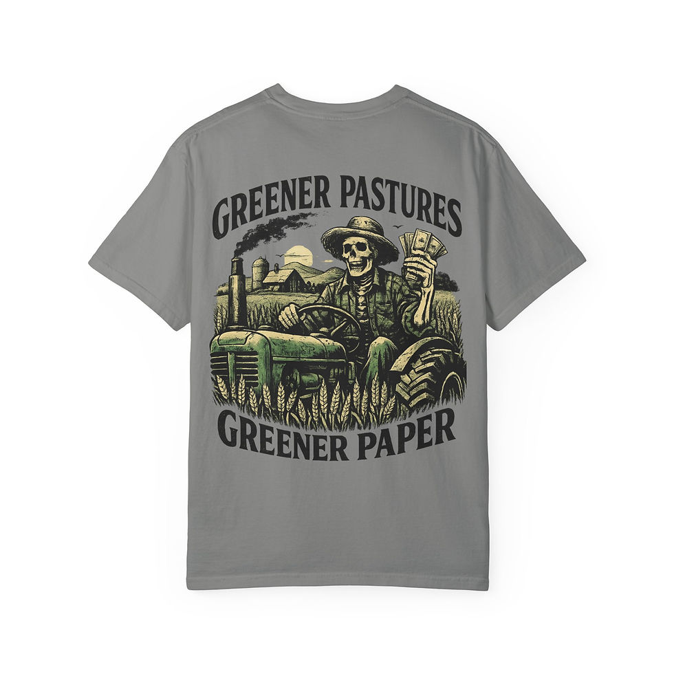 Thumbnail: Greener Pastures Greener Paper skull farmer T-shirt | farm tractor design