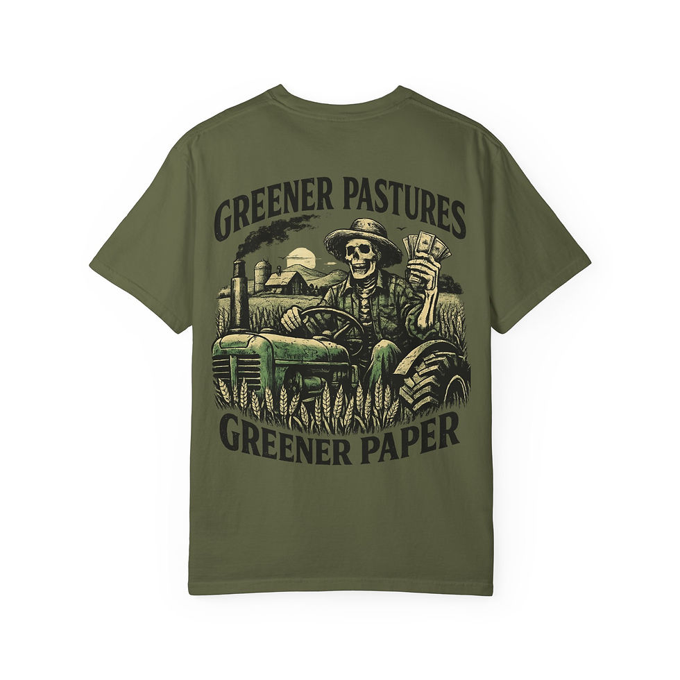 Thumbnail: Greener Pastures Greener Paper skull farmer T-shirt | farm tractor design