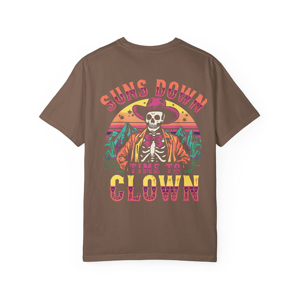 Thumbnail: Suns Down Clown Graphic Tee — Retro Skeleton Sunset T-Shirt