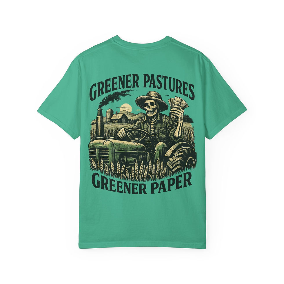 Thumbnail: Greener Pastures Greener Paper skull farmer T-shirt | farm tractor design