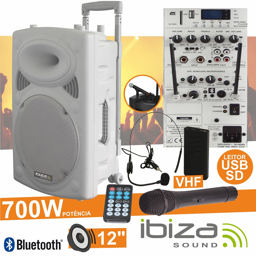 Coluna Amplificada 12" 700W USB/BT/SD/Bat Vhf Branco IBIZA PORT12UHF-BT-WH