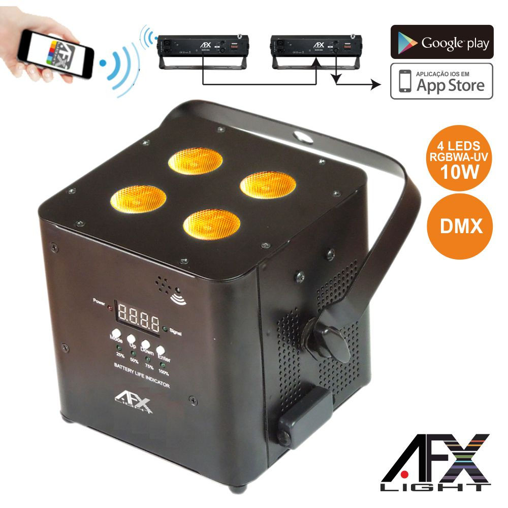 Projetor Luz C/ 4 LED 10W RGBWA-UV DMX/Comando/Bat AFXLIGHT FREEPARHEX-BL