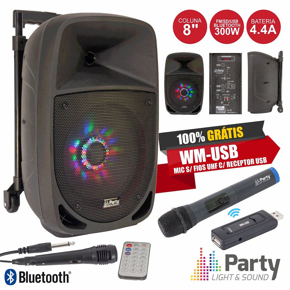 Coluna Amplificada 8" 300W USB/FM/BT/SD/Bat + Mic USB/Uhf PARTY-8LED-WM