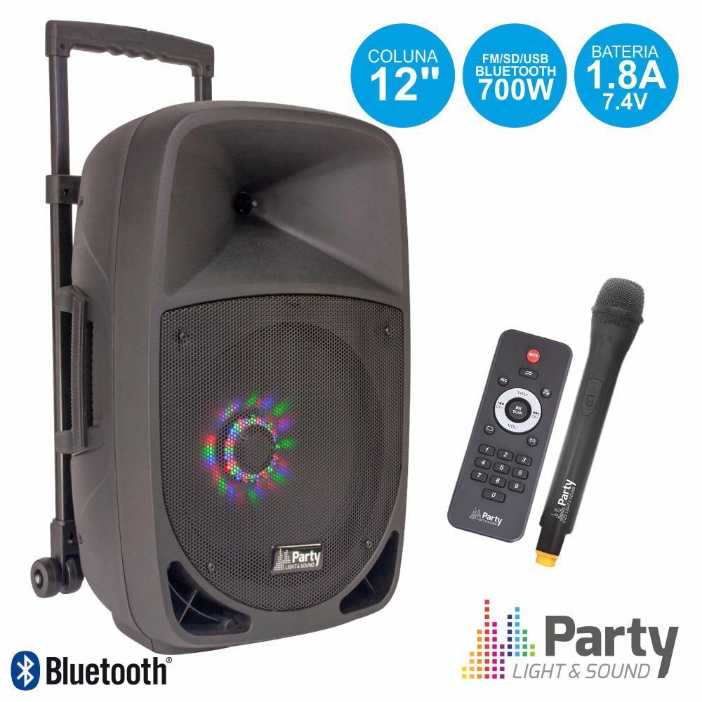 Coluna Amplificada 12" 700W USB/FM/BT/SD/Bat Vhf Preta PARTY-12LED