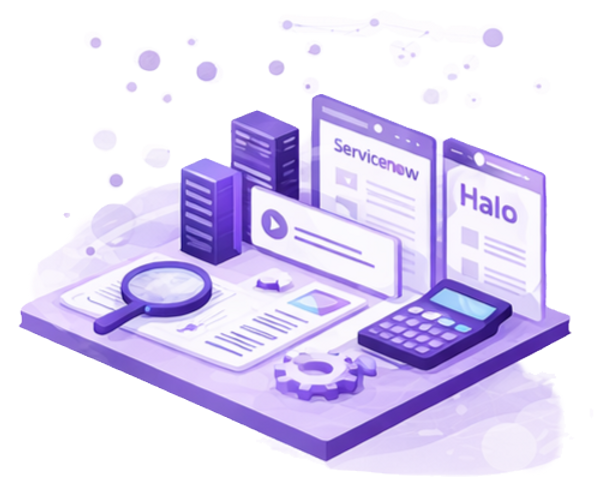 Illustration of ServiceNow and Halo ITSM dashboards with workflow automation, analytics tools and service management systems.