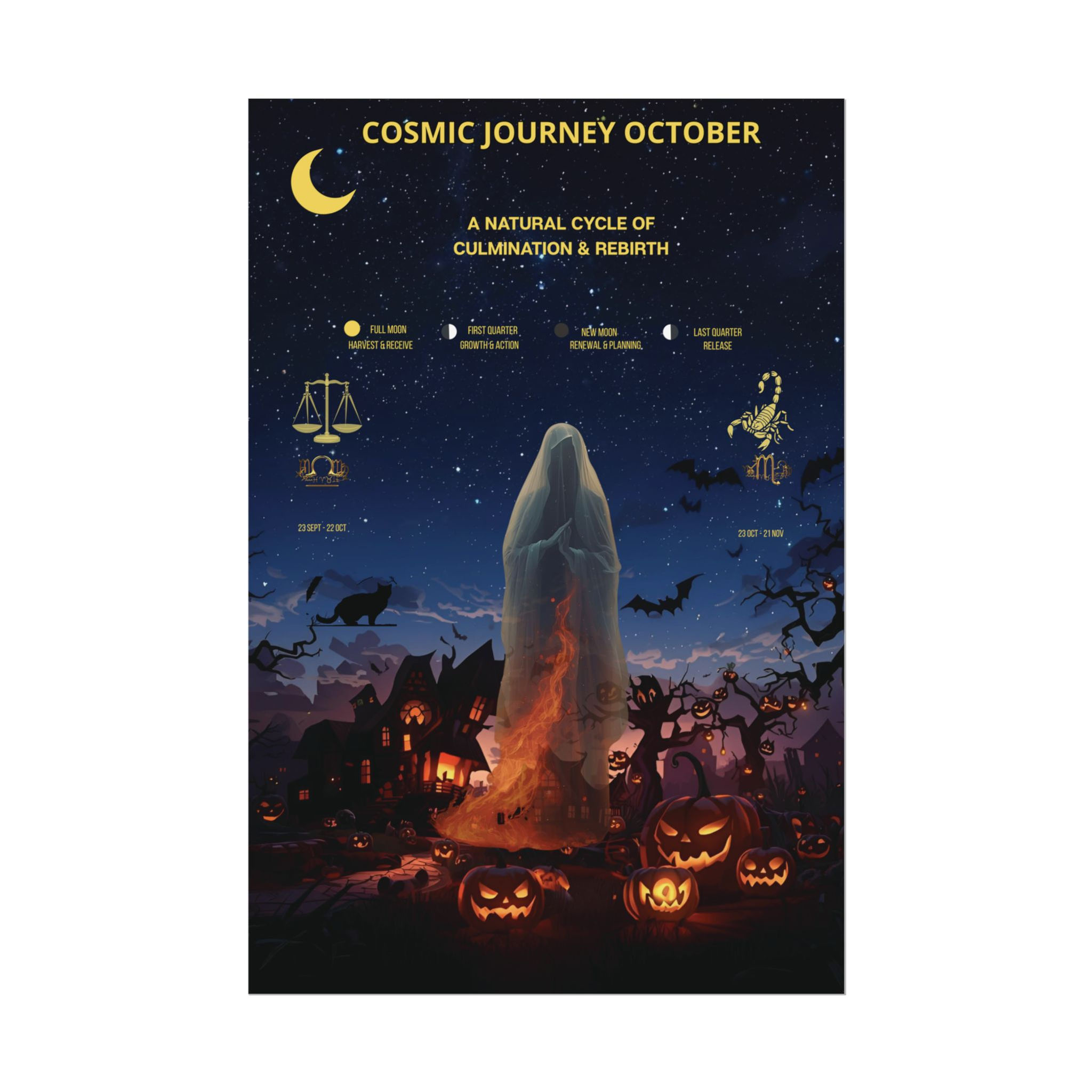 Cosmic October Halloween Poster, Monn phases, Witchy Wall Art, Spiritual Decor
