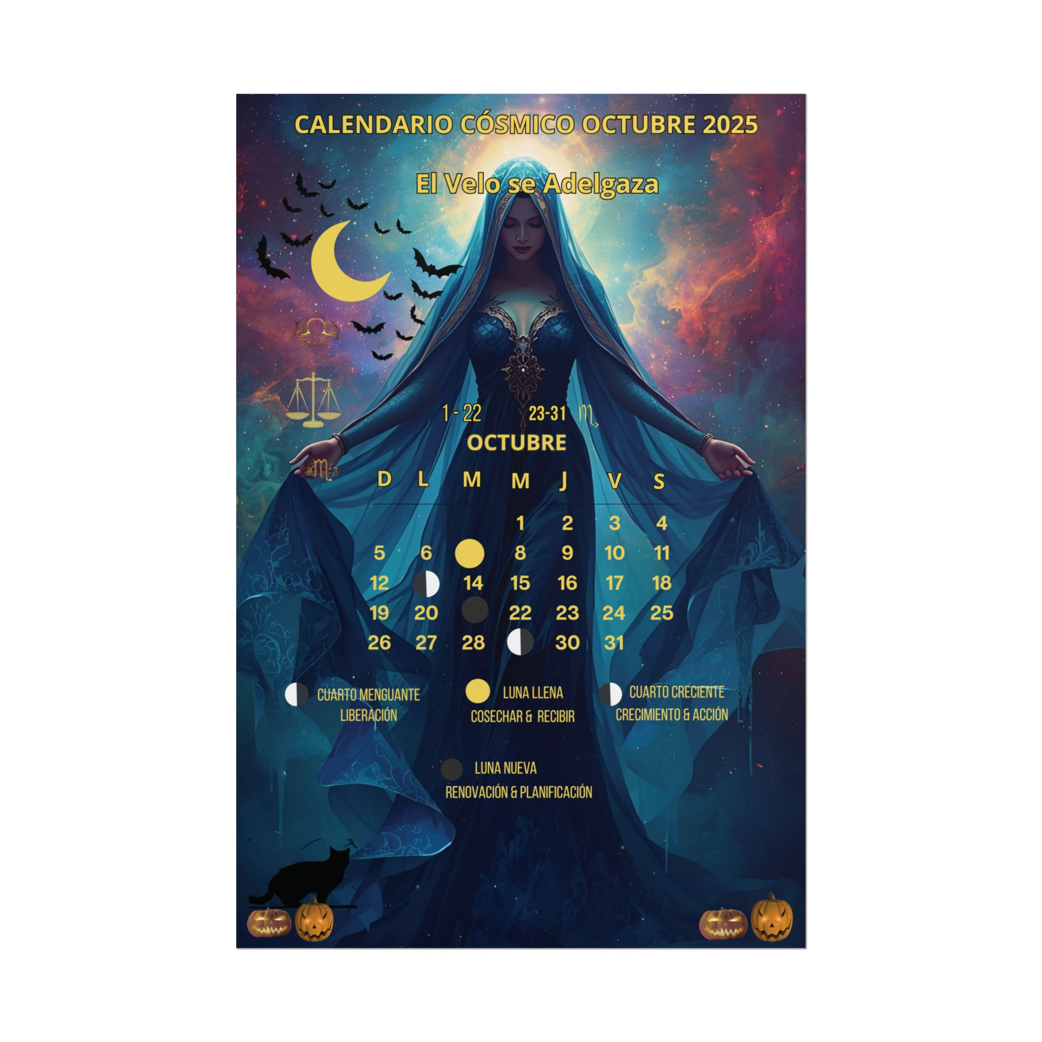 Mystical October Calendar Poster, Witchy Wall Art, Autumn Rolled Print