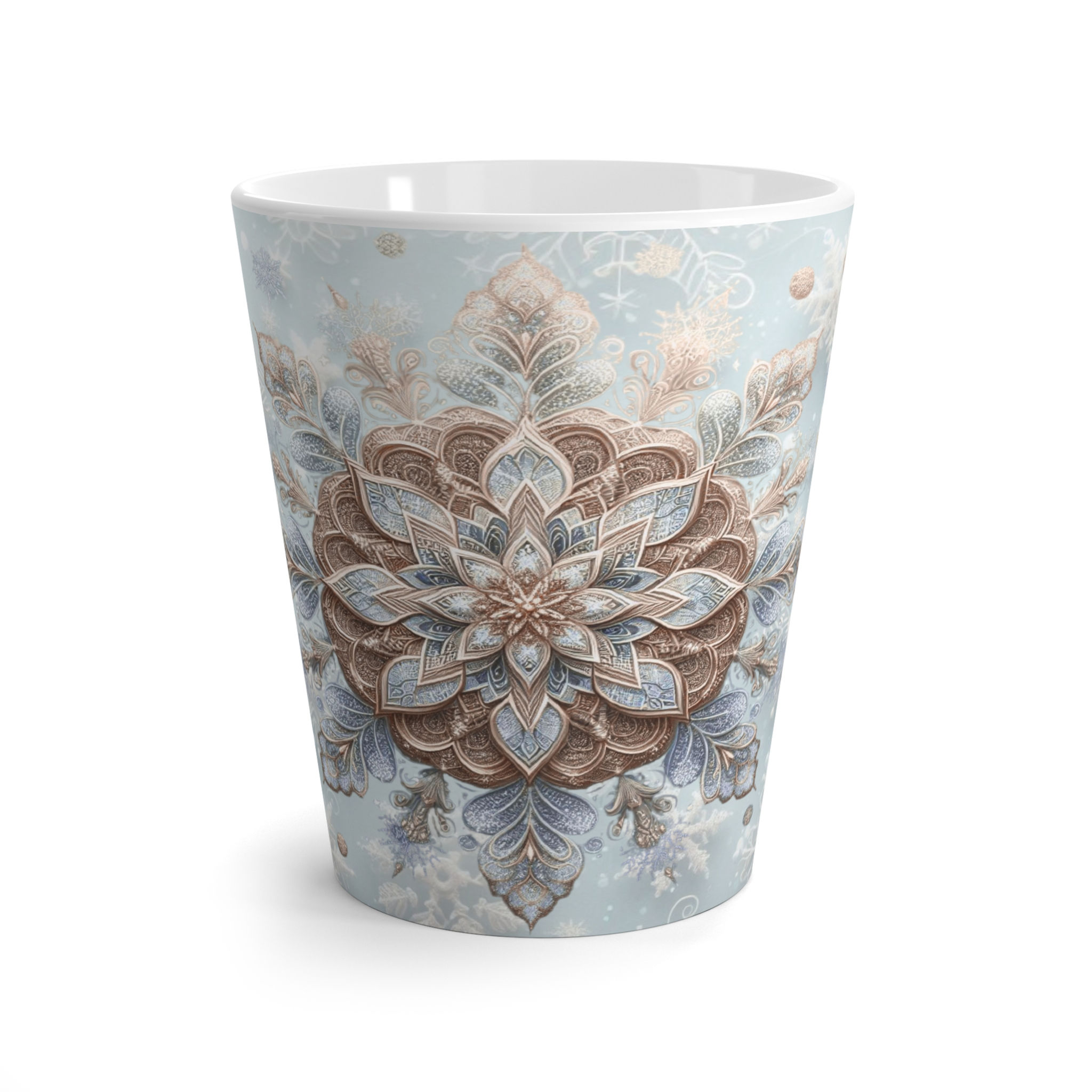 Christmas Latte Mug | Winter Floral Ceramic Coffee Cup. Blue Brown Mandala