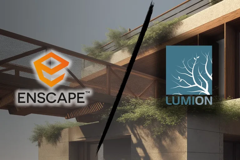 Rendering diviso di una casa moderna con pergola in legno e vegetazione, separato dai loghi Enscape e Lumion