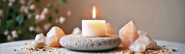 Escena espiritual con vela blanca, cristales y piedras para meditación y bienestar emocional