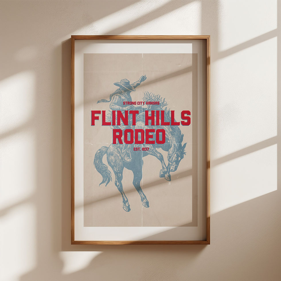 Vintage-inspired Flint Hills Rodeo poster print in a natural wood frame hanging on a neutral wall with warm sunlight casting