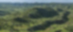 Rolling green hills stretch into the distance under a clear blue sky. The landscape is dotted with patches of wild grasses.