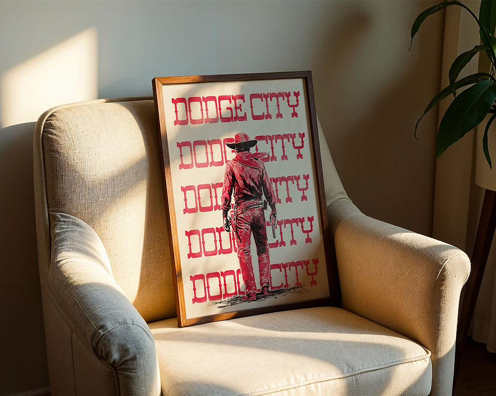 Thumbnail: Framed Dodge City western print displayed in a cozy armchair with warm sunlight highlighting the vintage cowboy artwork.