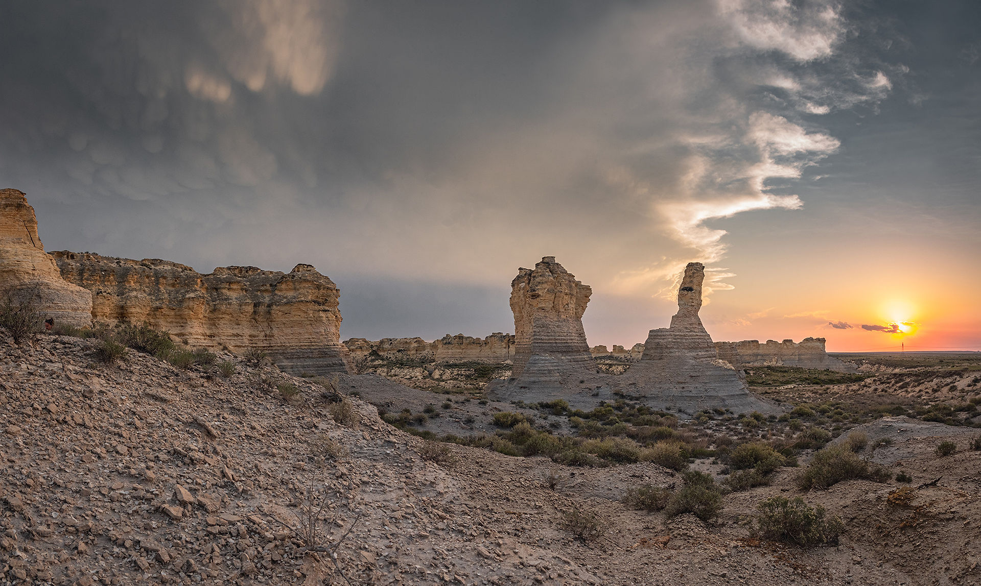 panoramic view of chalk formations at sunset