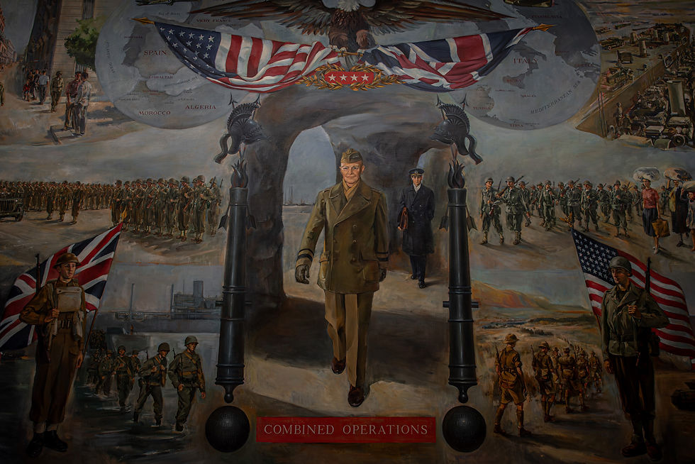Military mural with scences from WWII, General Dwight Eisenhower is in the center.