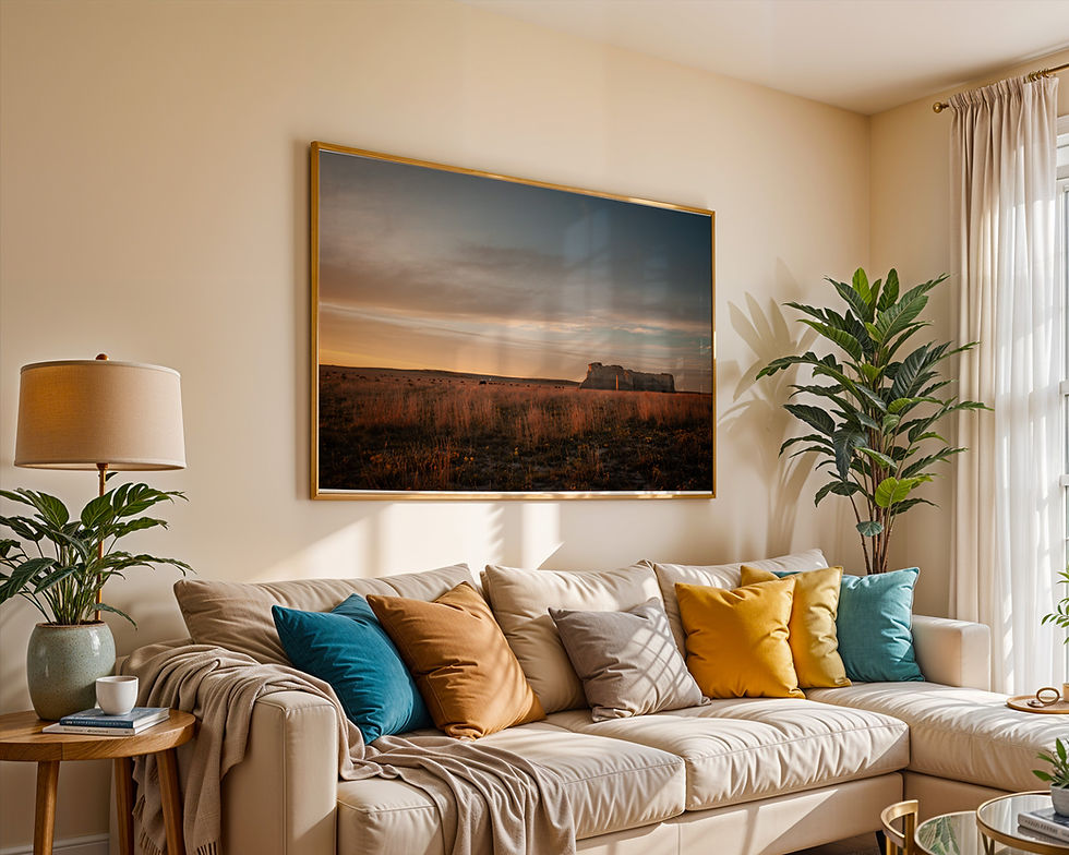 Thumbnail: Framed image of Monument Rocks at Sunset, an iconic Kansas landscape. The western wall art hangs on the wall.