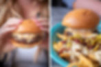 Close-up of hands holding a burger with sauce. A plate beside shows loaded fries with bacon, cheese, and jalapeños. Vibrant and appetizing.