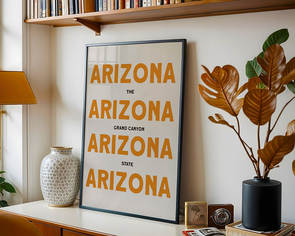 Thumbnail: Framed Arizona typography poster styled on a console table with warm wood tones and modern desert-inspired home décor.