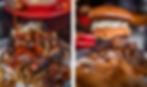 BBQ brisket sandwich being drizzled with sauce on left; right shows a burger with coleslaw and onion ring. Warm, appetizing setting.
